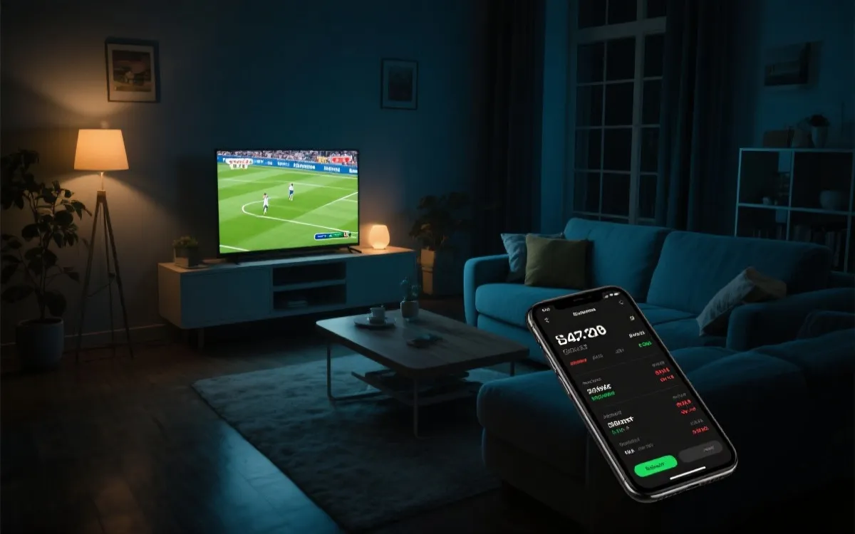 客厅电视与手机同步观看足球直播的夜晚氛围