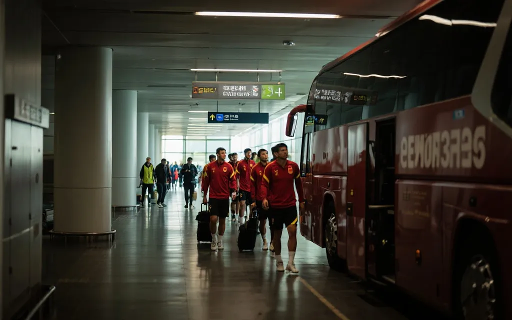 淘汰赛赛前的旅行与恢复：机场、球队大巴与训练场的电影感画面